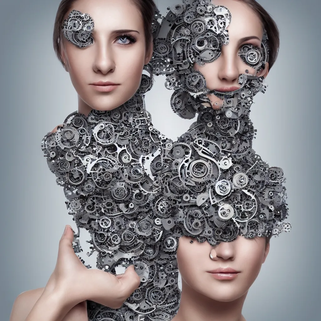 Image similar to 8 5 mm, beautiful frontal face portrait of a woman, euphoric expression, inspirational, 1 5 0 mm, mechanical skin, paisleys, mandelbrot fractal hair, robot eyes, symmetric, intricate, highly detailed,