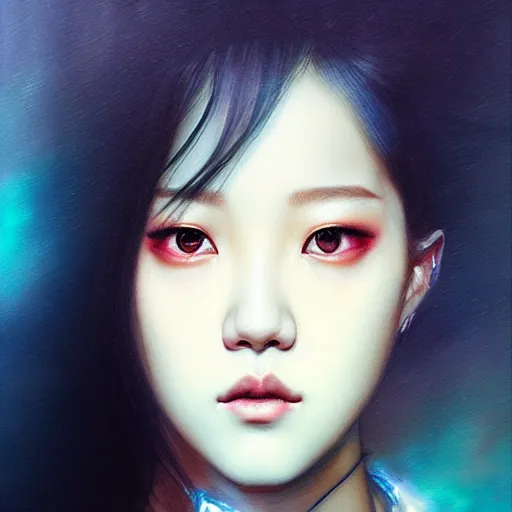 Prompt: jisoo of blackpink, hyperrealistic portrait, bladerunner street, by karol bak and agnes cecile and artgerm, fantasy art, photo realistic, dynamic lighting, artstation, poster, volumetric lighting, very detailed face, 8 k, award winning