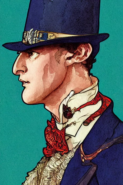 Image similar to zoomed out portrait of a duke, victorian era, art deco style, stylized illustration by moebius and juan gimenez, watercolor gouache detailed paintings in style of syd mead, ridley scott, metabaron, mucha, ghibli studio and disney vibe, vivid colorful comics style, clean line, diesel punk, artstation