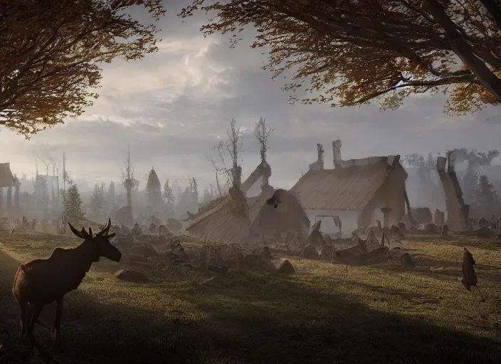 Image similar to a viking riding a moose walks in the ruins of a viking village, horror, dramatic lighting, dawn, by caspar david friedrich, unreal engine 5