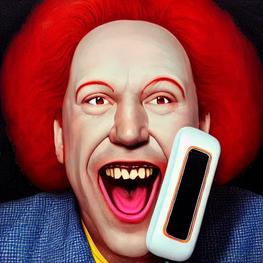 Image similar to a portrait of radio disk-jockey Ronald McDonald (Alex Jones) yelling at a phone, symmetrical facial features, intricate, elegant, highly detailed, digital painting, trending on Artstation, concept art, smooth, sharp focus, illustration, in the style of artgerm and greg rutkowski and alphonse mucha