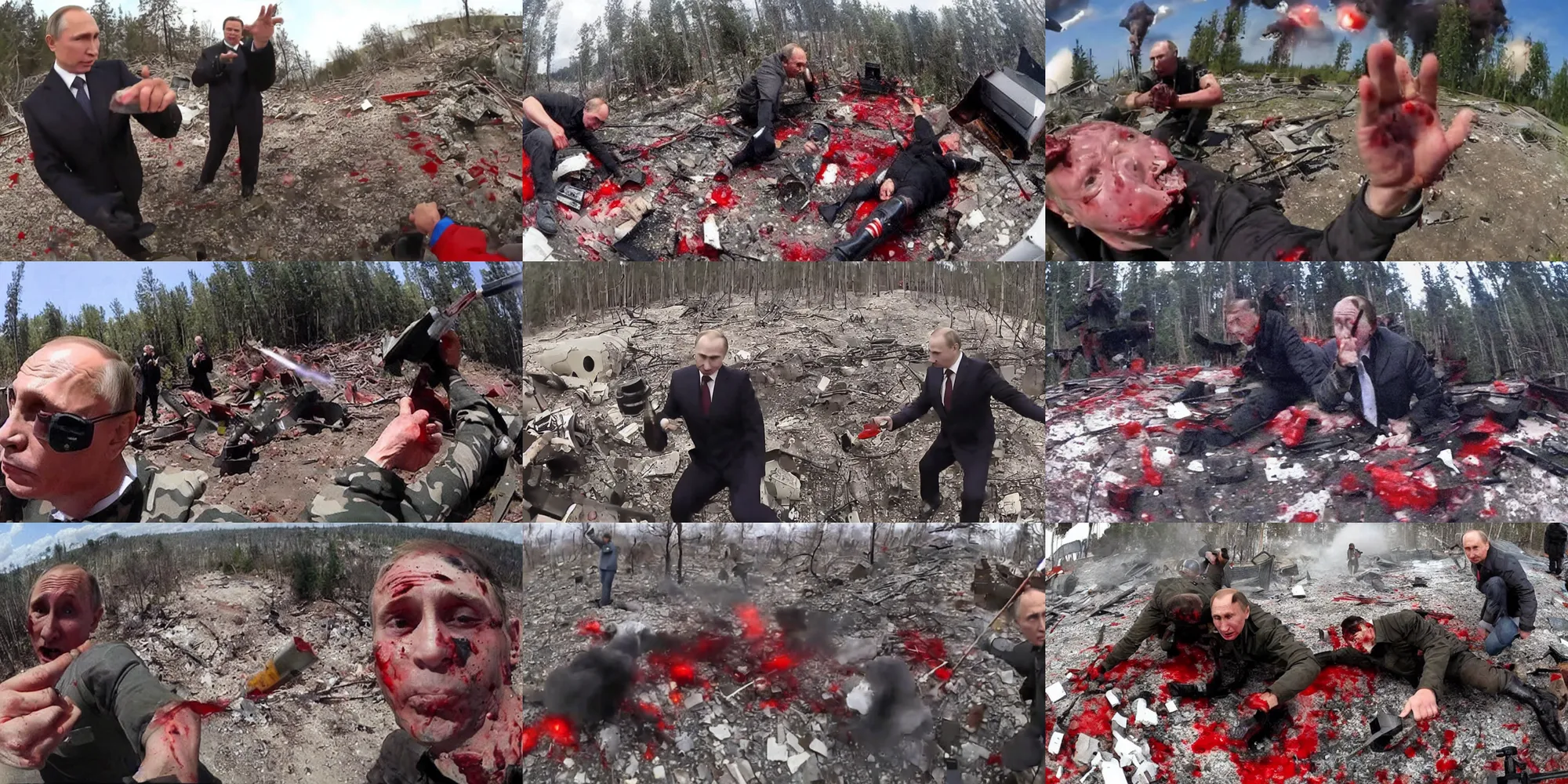 Prompt: gopro footage of vladimir putin getting mangled by mortar explosion, blood and bone, red meat flakes, debris