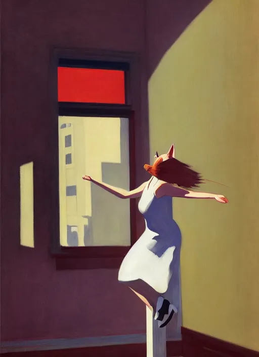 Image similar to woman with cat ears and long vail over the face jumping by Edward Hopper and James Gilleard, highly detailed