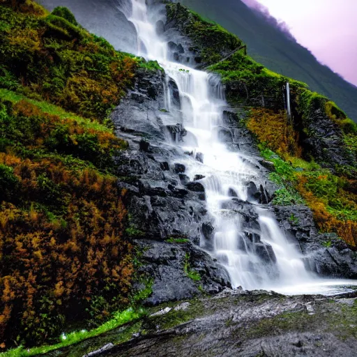 Image similar to great sloping mountain, one has a waterfall in the style of MidJourney 4K details