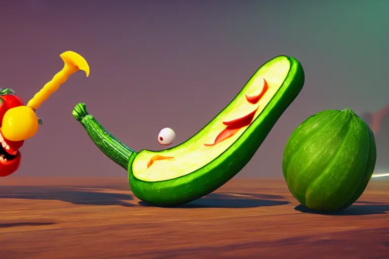 Image similar to detailed 3 d render of a mad zucchini with a long sword chasing after a tomato character, hyper realistic octane render, cinematic lighting, wide angle, nightmare, adult pixar surrealism