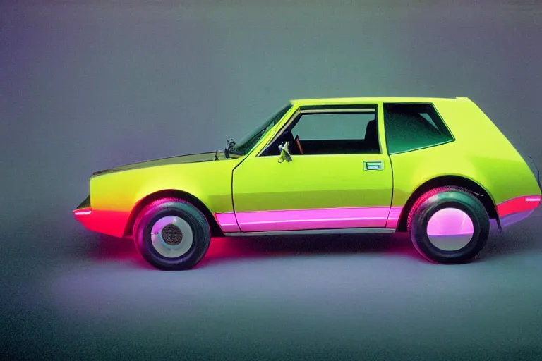 Image similar to designed by Giorgetto Giugiaro stylized poser of a 1977 AMC Gremlin, thick neon lights, ektachrome photograph, volumetric lighting, f8 aperture, cinematic Eastman 5384 film