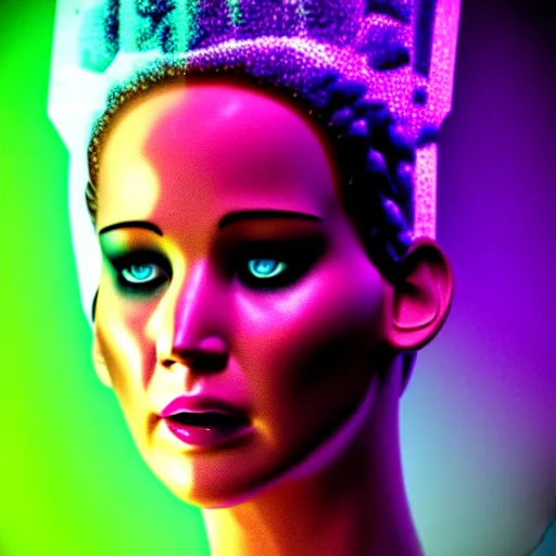 Image similar to close up detail of the face of jennifer lawrence as the bride of frankenstein, macro photography, glowing retinas, vaporwave