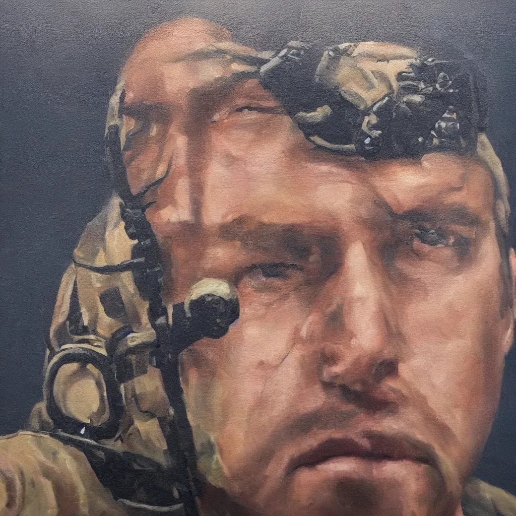 Image similar to portrait of a navy seal. face. portrait. oil painting. strong light. dark background. clair - obscur