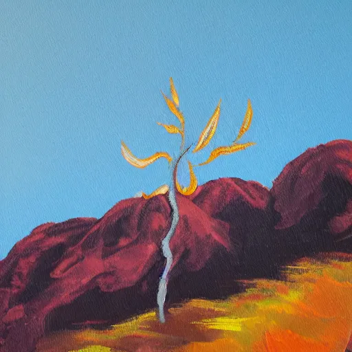 Prompt: A painting of a burning bush in mountainous terrain