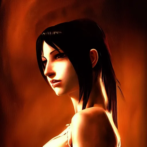 Prompt: charismatic seductive tifa lockhart portrait, atmospheric lighting, painted, intricate, moody lighting, highly detailed by rembrandt