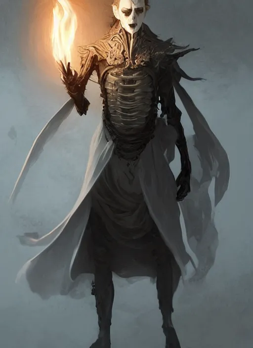 Image similar to character concept portrait of an princely young angry Spanish wizard with pale white skin and wearing half skeleton mask while casting a dark seduction spell, a floating burning spell book in the center, intricate, elegant, digital painting, concept art, smooth, sharp focus, illustration, from Metal Gear, by Ruan Jia and Mandy Jurgens and William-Adolphe Bouguereau, Artgerm