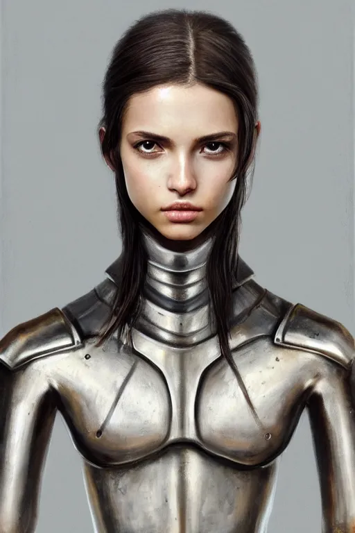 Image similar to a photorealistic painted portrait of an attractive young girl, partially clothed in dull metal-plated battle armor, olive skin, long dark hair, flawless skin, beautiful bone structure, symmetric facial features, perfect photorealistic eyes, natural physique, intricate, elegant, digital painting, concept art, finely detailed, beautifully illustrated, sharp focus, minimal artifacts, from Metal Gear, by Ruan Jia and Mandy Jurgens and Artgerm and William-Adolphe Bouguerea, in the style of Greg Rutkowski, trending on Artstation, award winning art