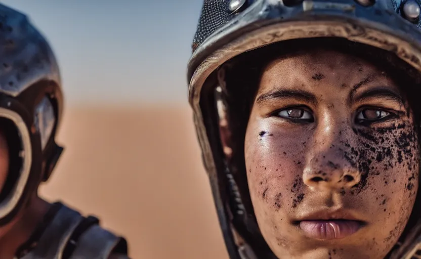 Image similar to cinestill 5 0 d candid photographic portrait by helen levitt of a mixed teen wearing rugged black mesh techwear on a dirtbike through a desolate plain, extreme closeup, modern cyberpunk moody emotional cinematic, dust storm, 8 k, hd, high resolution, 3 5 mm, f / 3 2, ultra realistic faces, ex machina