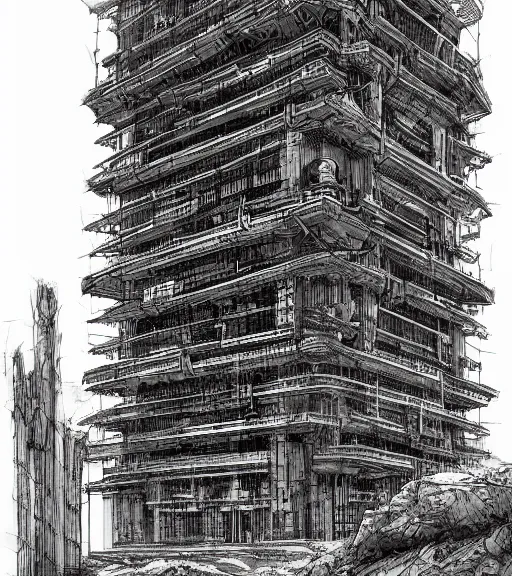 Prompt: tarkovsky scene, epic ancient tower of babylon below a woman in transparent cyber clothing, hyperrealistic, blame manga, full color, manga style, by tsutomu nihei, cyber architecture, intricate, concept art, hyper - detailed, smooth, masterpiece, epic, cinematic, high quality