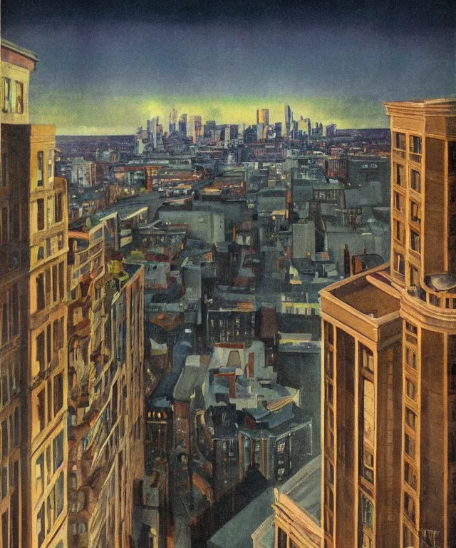 Prompt: horrifying full color photorealistic painting of the view from a 1 9 2 5 hotel terrace balcony overlooking a warped view of downtown boston in 1 9 2 5 at night with a cosmic sky, dark, atmospheric, brooding, smooth, finely detailed, cinematic, epic, in the style of paul carrick