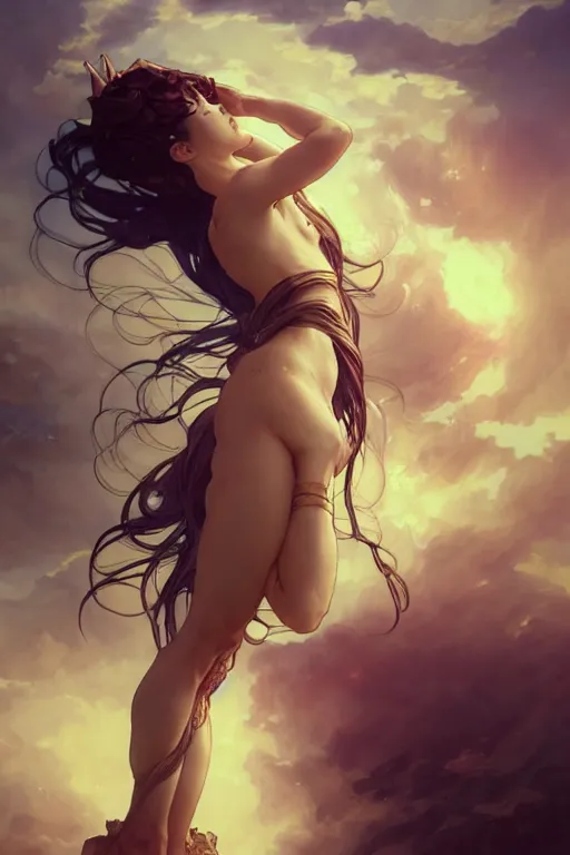 Image similar to full body melting into the wind floating seductive meditating goddess in the style of artgerm, wlop, greg rutkowski, alphonse mucha and ayami kojima, realistic details, volumetric lighting, very very very very beautiful symmetrical face, trending on artstation, artstationhd, artstationhq, unreal engine, 4 k, 8 k