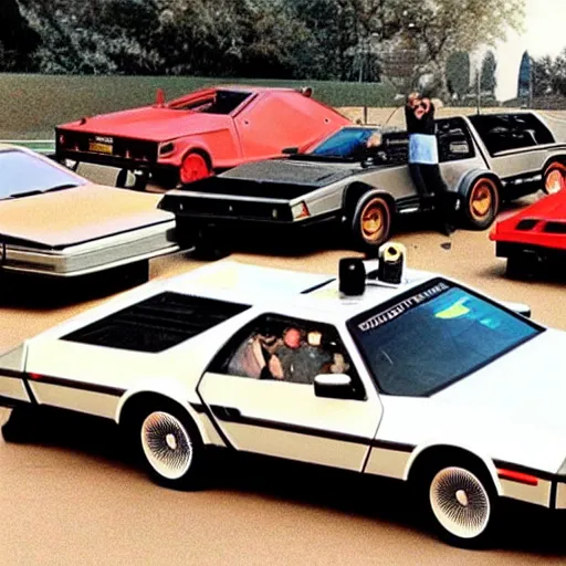 Image similar to a car race between KITT, ecto-1, A-Team van, and doc brown's Delorean