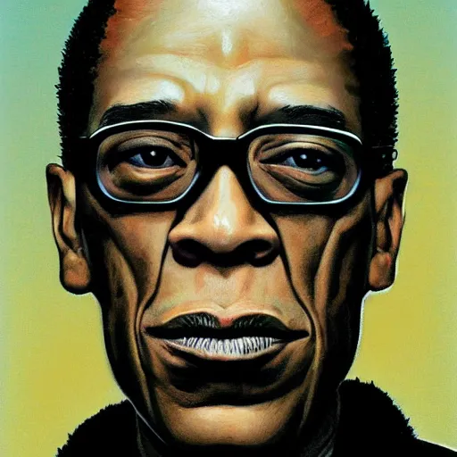 Prompt: Gus fring with half of his face blown up, gerald brom, photorealistic