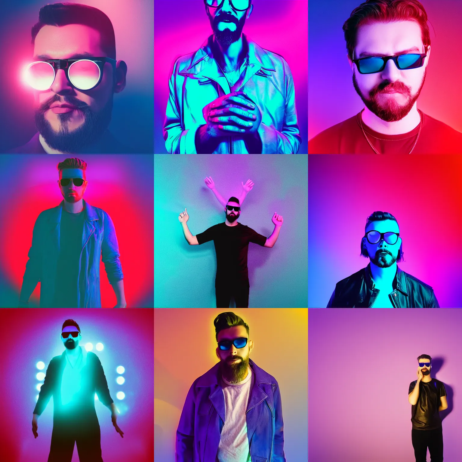 Prompt: a man with a goatee and sunglasses holding his hands together, blue lighting on the left and purple lighting on the right, dark wall background, a character portrait by oliver sin, instagram contest winner, aestheticism, bryce 3 d, synthwave, retrowave