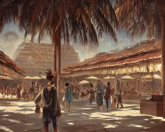 Image similar to a mall in the style of precolombian mayan cities, art by greg rutkowski and artgerma, stunning concept art, interior design architecture