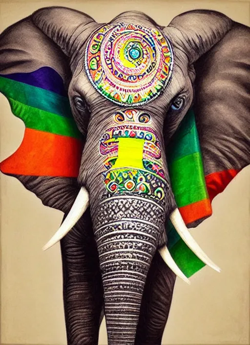 Image similar to ethereal elephant with indian flag colors painted on its face, intricate detail, ornate, conceptual art, soft light, dynamic, art by artgerm