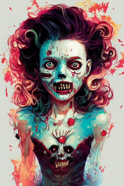 Image similar to a smiling cute zombie woman undead skin and wavy hair, tristan eaton, victo ngai, artgerm, rhads, ross draws