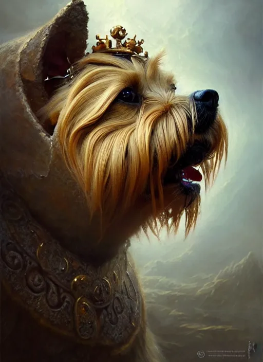 Image similar to norwich terrier as anviking, aesthetic, fine art, intricate, elegant, highly detailed, realistic hair, centered, digital painting, art station, conceptual art, soft, sharp focus, illustration, artwork, artgerm, tomasz alen kopera, peter mohrbacher, donato giancola, wlop, boris vallejo