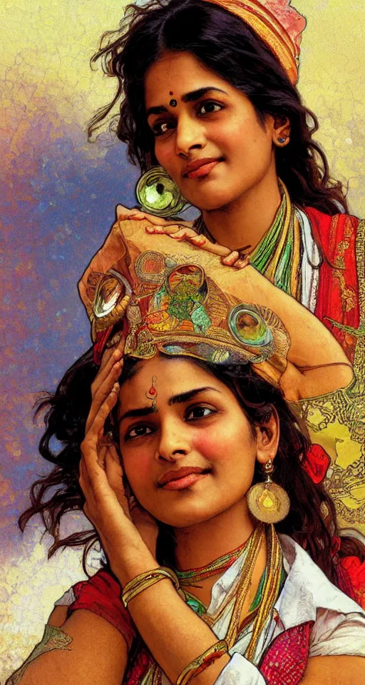 Prompt: close up a beautiful Indian doctor in Texas, sun shining, photo realistic illustration by greg rutkowski, thomas kindkade, alphonse mucha, loish, norman rockwell.