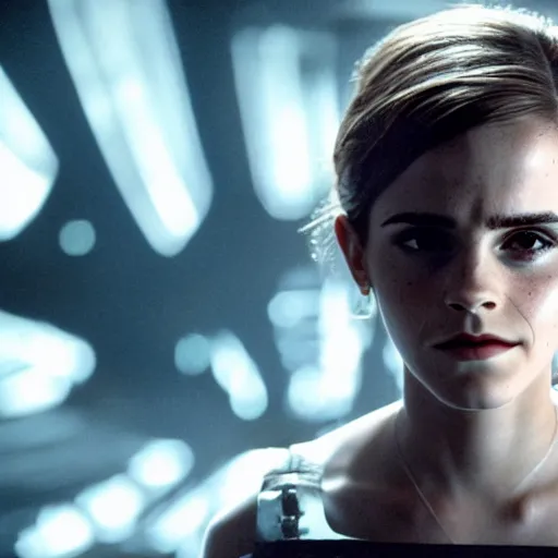 Image similar to emma watson starring in the new alien movie, 8 0 s movie, cinematic, movie poster, dark, moody