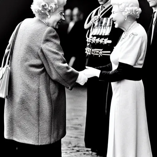 Prompt: detailed black and white photo of queen elizabeth ii meeting julius caesar