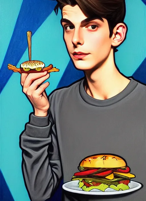 Image similar to oil painting, teenage jughead jones, wears a light grey crown, and devours a hamburger, intricate, elegant, highly detailed, pinocchio nose, lighting, painting, artstation, smooth, illustration, art by greg rutowski and alphonse mucha