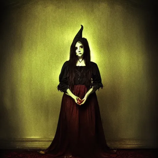 Image similar to portrait of a cursed photograph of a disturbing witch, horror, award winning photography, hdr, studio lighting medium close shot, mucha style,