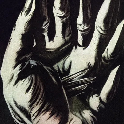 Prompt: a creepy long - fingered hand with sharp nails reaching upward towards a man with a terrified face, eyes looking at the hand, in the style of frank frazetta, high detail, horror