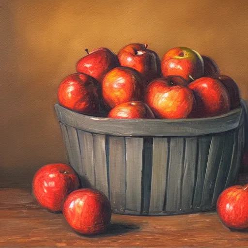 Prompt: oil painting of a barrel of apples in a tavern im medieval setting, low light, dwarves, HD, 4K, digital art