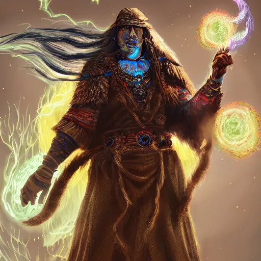 Image similar to shaman casting a lightning spell, d & d style, trending on artstation, colorful, intricate, art by kev chan