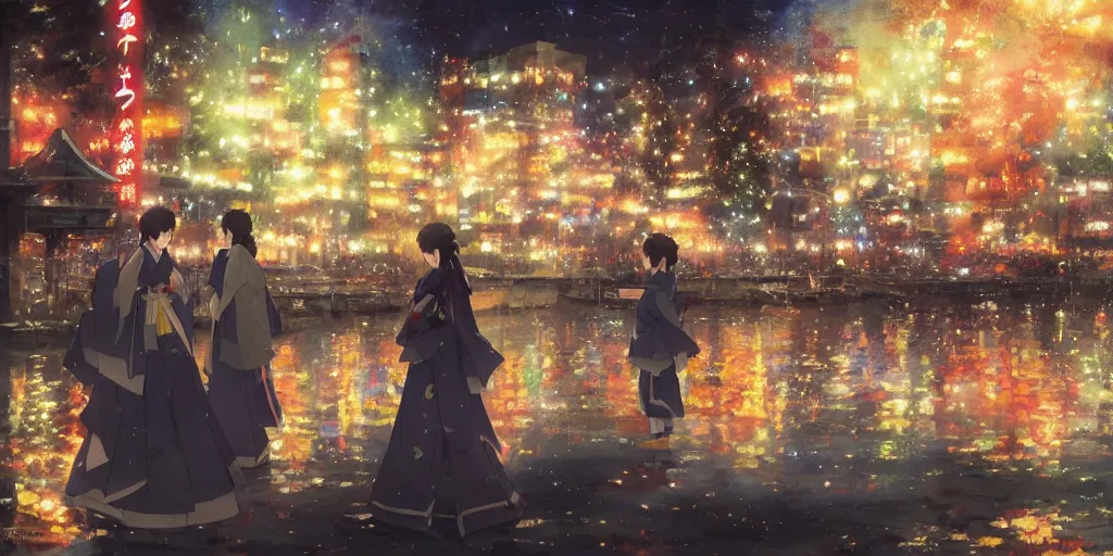 Image similar to anime kyoto animation key by greg rutkowski night, fireworks festival at kamokawa, kimono,
