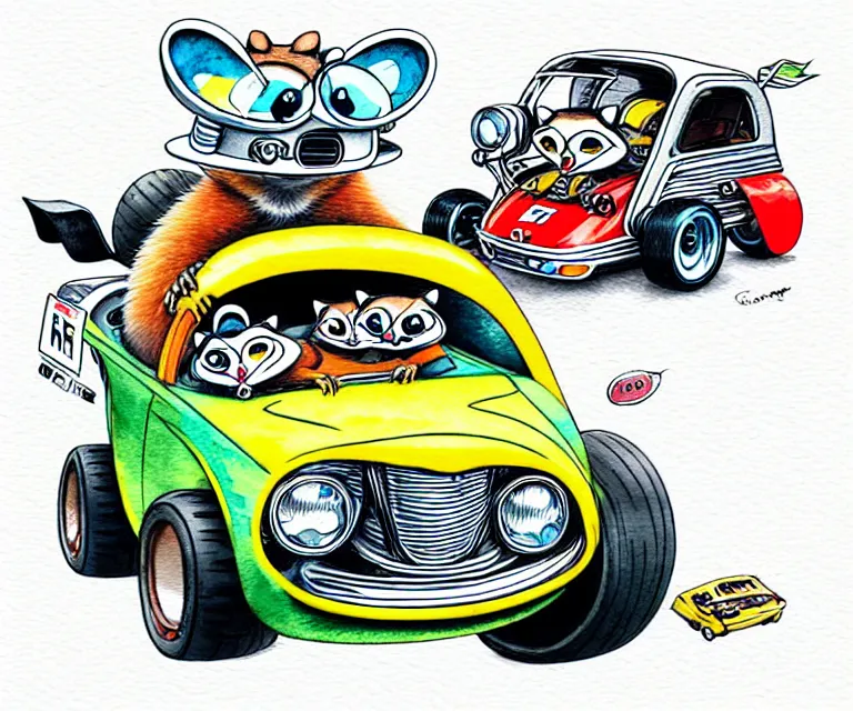 Image similar to cute and funny, racoon wearing a helmet riding in a tiny hot rod coupe with oversized engine, ratfink style by ed roth, centered award winning watercolor pen illustration, isometric illustration by chihiro iwasaki, edited by range murata