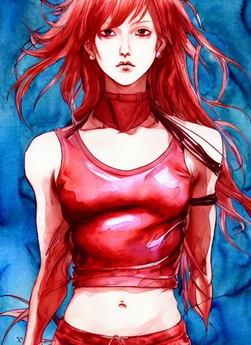 Image similar to fullbody!! ayami kojima lineart, watercolour, gorgeous girl symmetrical face, short red hair, crop top, shorts, dynamic action pose, hyper detailed, character concept, intricate, elegant, digital painting, artstation, smooth, sharp focus