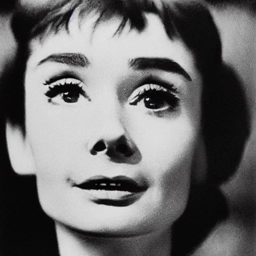 Image similar to photo of Audrey Hepburn by Diane Arbus, extreme closeup, black and white, high contrast, Rolleiflex, 55mm f/4 lens