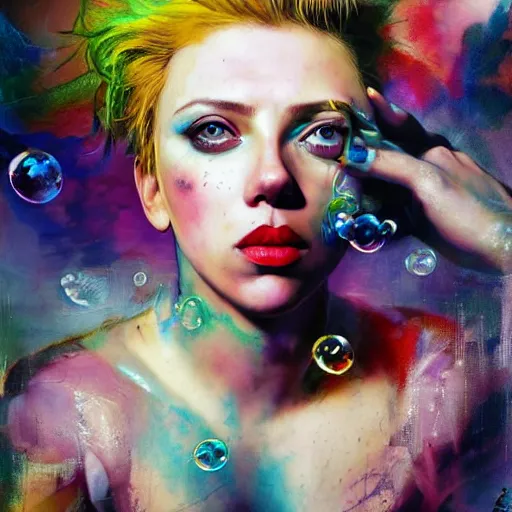 Image similar to drunken scarlett johansson as delirium from sandman, one green eye and one blue eye, hallucinating colorful soap bubbles, by jeremy mann, by sandra chevrier, by dave mckean and richard avedon and maciej kuciara, 1 9 8 0's, punk rock, tank girl, high detailed, 8 k