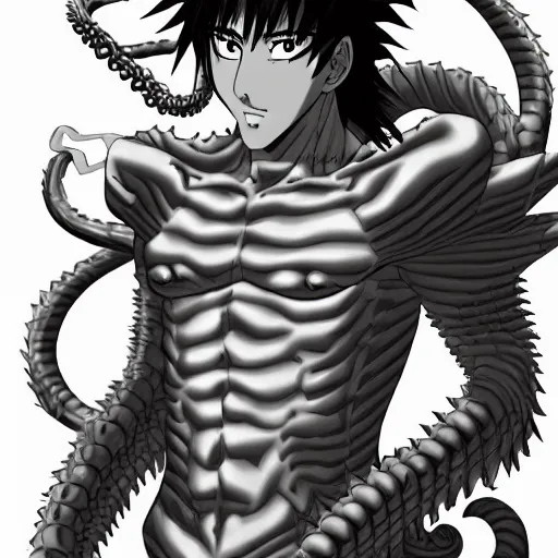 Image similar to a male anime character, naga, serpent body, kentaro miura art style