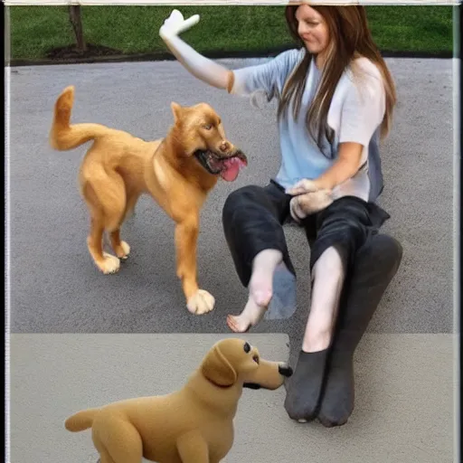 Prompt: dog human with paws for hands and feet, tails and faces of dogs, super duper realistic