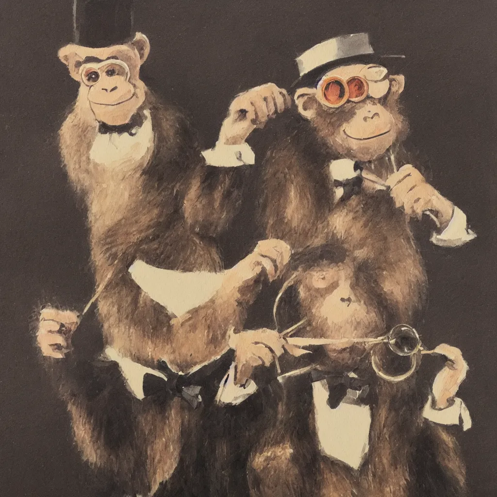 Image similar to a monkey wearing a monocle and a top hat drinking tea, brush strokes, oil painting