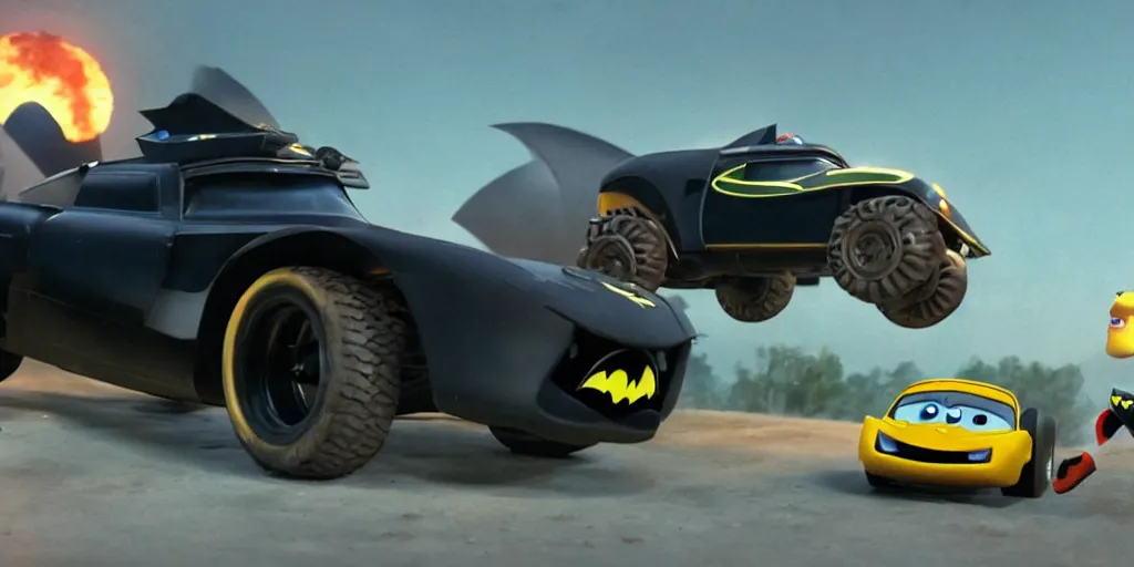 Prompt: Batmobile in pixar cars movie