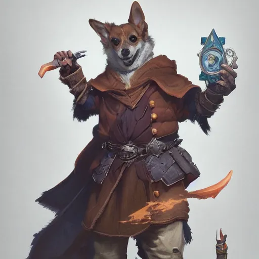 Prompt: d & d character art, corgi spellcaster, arcane trinkets, hyperrealistic, extremely detailed digital illustration, greg rutkowski, trending on artstation, 8 k