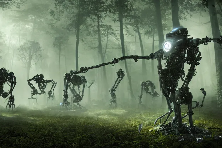 Image similar to 1 0 0 0 0 robots fighting in the forest, hyper realistic, ambient lighting, concept art, intricate, hyper detailed, smooth, dynamic volumetric lighting, octane, raytrace, cinematic, high quality, high resolution, 4 k, h. r. giger