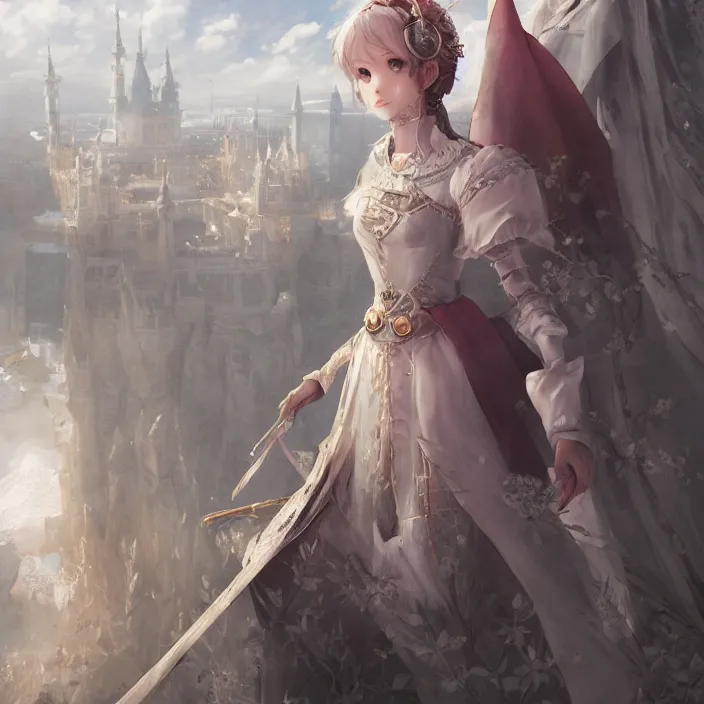 Image similar to character portrait princess of the white herald on an imperial castle, hidari, color page, tankoban, 8 k, tone mapping, akihiko yoshida, cinematic lighting, elegant, digital painting, artstation, haze, sharp focus