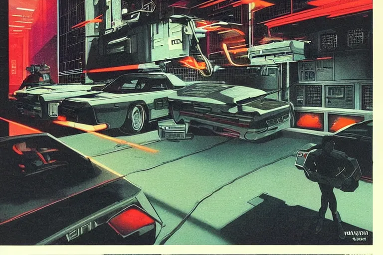 Image similar to 1979 OMNI Magazine Cover of a garage war-room in neo-Tokyo in cyberpunk style by Vincent Di Fate