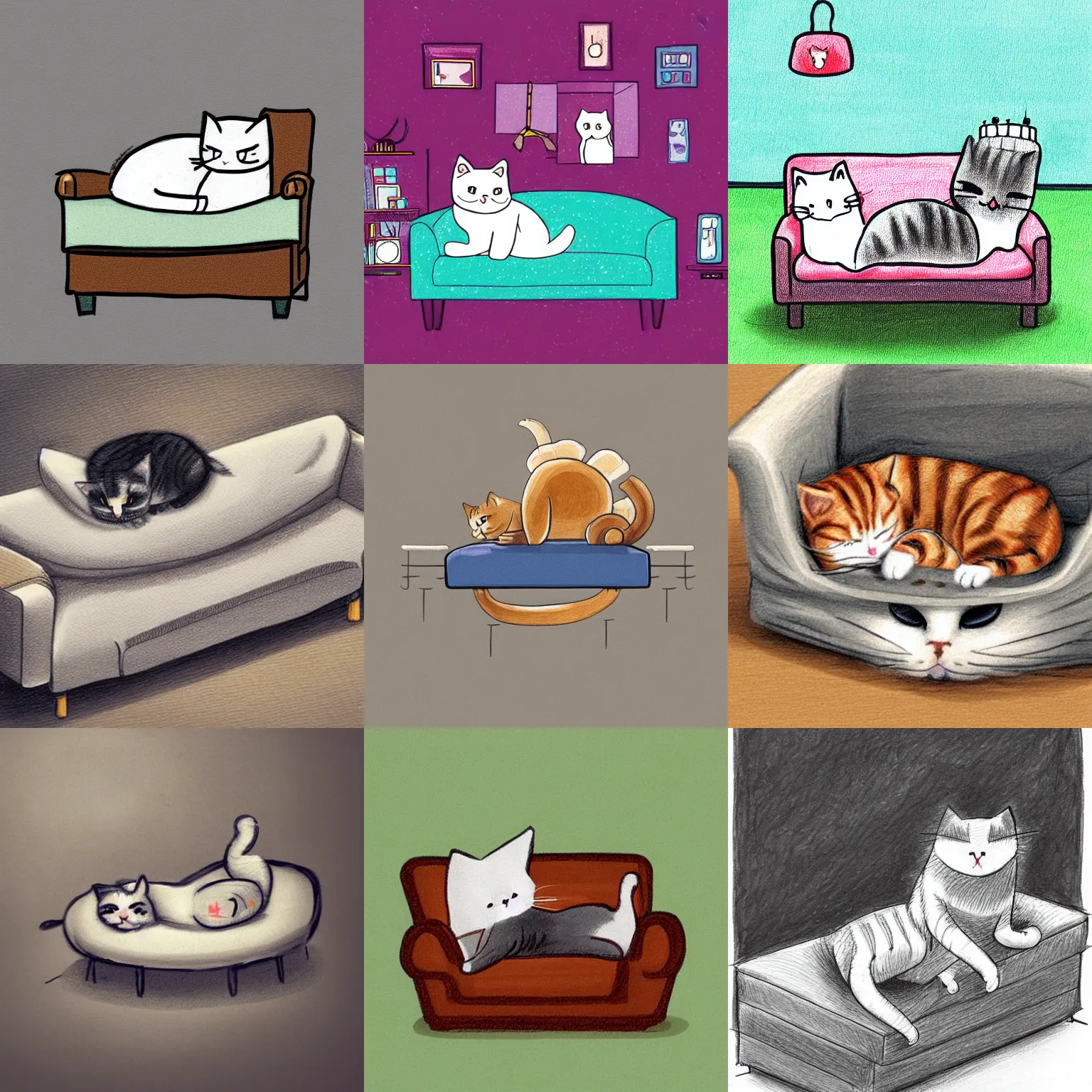 Prompt: cat sleeping on the sofa, sofa is on the roof, housetop, roof in bottom, cat in top, cute drawing, trending on Artstation