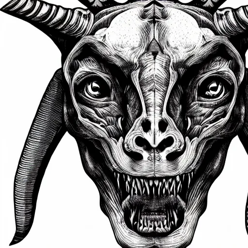 Prompt: a demon with the head of a goat, is looking at the camera, while holding a human head, whose eyes are still wide. symmetrical anatomy, very detailed design, complexity of the image, with pop punk style, colorful.